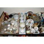 FOUR BOXES AND LOOSE CERAMICS, GLASS ETC, to include Royal Stafford 'Princess' teaset, Beswick birds