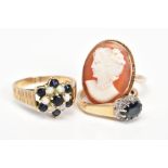 THREE 9CT GOLD RINGS, the first designed as an oval cameo panel depicting a lady in profile within a
