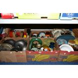 SIX BOXES OF SUNDRY ITEMS, including a box of cast iron cookware, Poole Pottery meal platter,