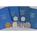 A SMALL BOX CONTAINING BRITAINS FIRST DECIMAL SETS X 4, a 1946 halfcrown, two florins to include a