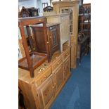 A MODERN PINE SIDEBOARD with three drawers, width 140cm x depth 45cm x height 90cm together with