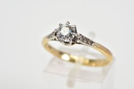 A SINGLE STONE DIAMOND RING, the old cut diamond in an eight claw setting with diamond detail to the
