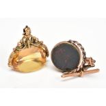 TWO LATE VICTORIAN GOLD FOBS, a large triple sided yellow paste swivel fob, hallmarked 9ct gold,