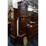 A GEORGE III MAHOGANY AND INLAID EIGHT DAY LONGCASE CLOCK, the hood with swan neck pediment