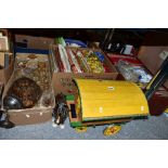 TWO BOXES, A SUITCASE AND LOOSE GLASSWARE,TEXTILES, etc, to include braiding (1950's), most being on