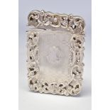 A VICTORIAN SILVER CARD CASE OF PIERCED AND WAVY RECTANGULAR FORM, engine turned decoration with