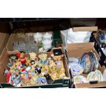 THREE BOXES AND LOOSE OF CUT GLASSWARE, BRADFORD EXCHANGE CABINET PLATES, RESIN TEDDIES etc to