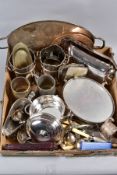 A BOX OF SILVER PLATE ETC, to include a twin handled tray, entree dish and cover, warming stand,