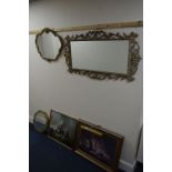 A MODERN FOLIATE GILT WOOD RECTANGULAR WALL MIRROR, 116cm x 61cm together with two other wall
