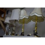 A COLLECTION OF VARIOUS LAMPS, to include a mirrored table lamp, pair of brassed table lamps, pair