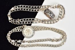 A MODERN SILVER COLLECTION OF JEWELLERY, to include a two curb link chains, both measuring 500mm,