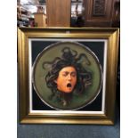 FOUR OIL PAINTINGS to include a copy of Caravaggio 'Head of Medusa' on canvas, framed, approximate