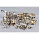 A BOX OF SILVER PLATE including late Victorian tea wares, tankards, etc