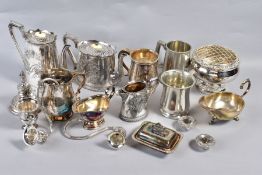 A BOX OF SILVER PLATE including late Victorian tea wares, tankards, etc