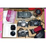 A TRAY CONTAINING VINTAGE FILM CAMERAS including an Olympus OM20, an OM10, a Minolta X-700, all with