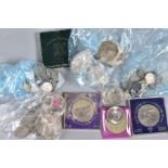 A SELECTION OF COINS, to include silver coins, including six pences, Liberty half dollars, Churchill