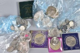 A SELECTION OF COINS, to include silver coins, including six pences, Liberty half dollars, Churchill
