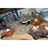 A COLLECTION OF GLASSWARE, CERAMICS ETC, to include three carnival glass bowls, a cut glass footed