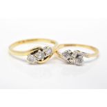 TWO DIAMOND SET RINGS, the first of crossover design set with three round brilliant cut diamonds,