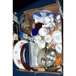 A BOX OF SUNDRY CERAMICS AND GLASSWARE etc, to include Wedgwood 'Angela' vase and trinkets, Royal