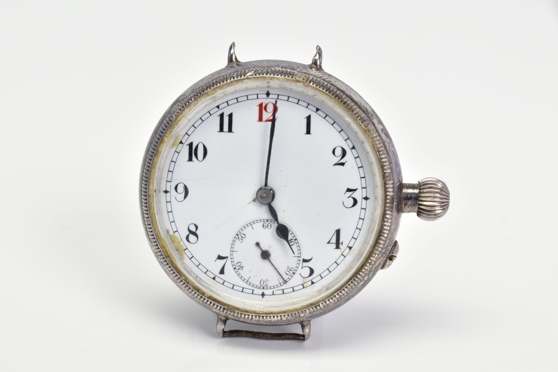 A SILVER BORGEL CASED WATCH HEAD, white enamel dial with Roman numeral hour markers and subsidiary