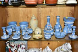 A GROUP OF WEDGWOOD JASPERWARE, to include three pieces yellow prunus blossom trinkets/vase, etc (