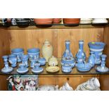 A GROUP OF WEDGWOOD JASPERWARE, to include three pieces yellow prunus blossom trinkets/vase, etc (