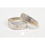 TWO MODERN 9CT WHITE GOLD DIAMOND SET RINGS, a signet ring and a band style ring, ring sizes R and