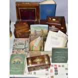 FOUR VARIOUS BOXES AND A BOX OF WORLD STAMPS, loose and in albums, to include brass mounted