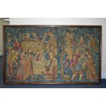 A LATE 20TH CENTURY MACHINED TAPESTRY DEPICTING A GREAT HARVEST, bear plaque to upper frame