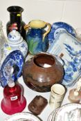 A GROUP OF CERAMICS, SUNDRIES, etc to include cranberry glass bell, two Chinese blue and white