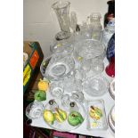 A GROUP OF CUT GLASS AND CERAMIC FRUIT, to include Waterford Crystal rectangular dish and clock,