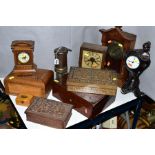 A GROUP OF CLOCKS, BOXES, etc, to include a E Thomas & Williams Ltd miners lamp, a figural mantel