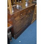 A GEORGIAN OAK AND INLAID CHEST OF TWO SHORT AND THREE LONG DRAWERS with brass swan neck handles,