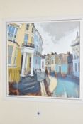 CAMILLA DOWSE (BRITISH 1968) 'A CURVE OF BLUE AND YELLOW' a row of houses painted in pastel tones,