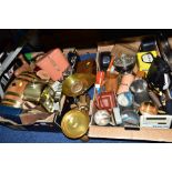 TWO BOXES AND LOOSE MISCELLANEOUS ITEMS, to include brass and wooden barrel, cased binoculars, set