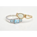 TWO 9CT GOLD GEM SET RINGS, the first designed with a central oval opal cabochon in collet mount