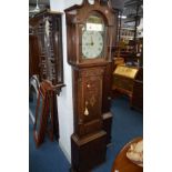 A GEORGE III OAK AND MAHOGANY BANDED THIRTY HOUR LONG CASE CLOCK, the hood with swan neck pediment