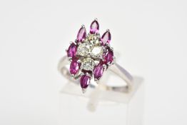 A LATE 20TH CENTURY RUBY AND DIAMOND DRESS RING, marquise cluster head, estimated total diamond