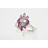 A LATE 20TH CENTURY RUBY AND DIAMOND DRESS RING, marquise cluster head, estimated total diamond