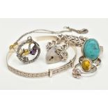 SIX ITEMS OF SILVER AND WHITE METAL JEWELLERY, to include an expandable bangle, a turquoise cabochon