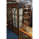 AN EDWARDIAN MAHOGANY AND INLAID TWO DOOR DISPLAY CABINET on square splayed legs, width 89cm x depth