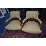 A PAIR OF EDWARDIAN MAHOGANY TUB CHAIRS, with lime green upholstery on brass casters