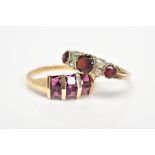 TWO GEM SET RINGS, the first set with six square cut garnets, set in two slightly angled rows to the