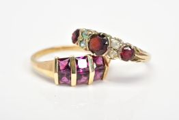 TWO GEM SET RINGS, the first set with six square cut garnets, set in two slightly angled rows to the