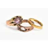 THREE RINGS to include a 22ct gold, wedding band (weight 3.2 grams), a single stone purple glass