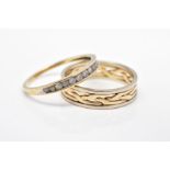 A 9CT GOLD HALF ETERNITY RING AND A 9CT GOLD BAND RING, the half eternity ring channel set with a