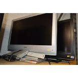 A SONY 32'' LCD TV (remote) together with a JVC DVD player and Tevion Freeview box (3)