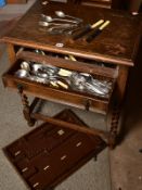 A 1920'S OAK TWO DRAWER TABLE CANTEEN FOR CUTLERY, on barley twist legs, the bottom drawer