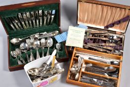 TWO CANTEENS OF SILVER PLATED CUTLERY AND LOOSE SILVER AND PLATE, including five Victorian silver